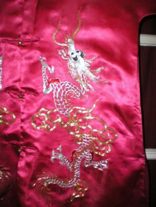 Stunning Old Chinese Magenta Silk Jacket/Robe w/Embroidered Silver/Gold Dragons 5
