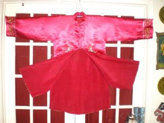 Stunning Old Chinese Magenta Silk Jacket/Robe w/Embroidered Silver/Gold Dragons 7