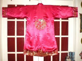 Stunning Old Chinese Magenta Silk Jacket/Robe w/Embroidered Silver/Gold Dragons 8