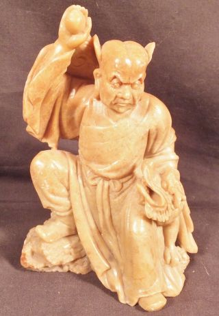 Antique Chinese Carved Soapstone Statue Oni With Dragon Beast 14 Cm