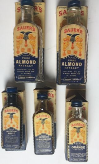 5 Sauers Vintage Extract Bottles & Boxes Almond Maple Orange Black Walnut 1941