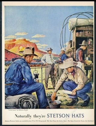 1948 Stetson Western Hat Cowboy Chuck Wagon Campfire Art Vintage Print Ad