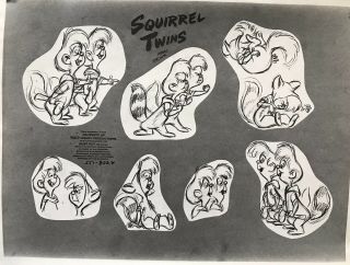 Rare Walt Disney Model Sheet Animation Art - Peter Pan Lost Boys Squirrel Twins