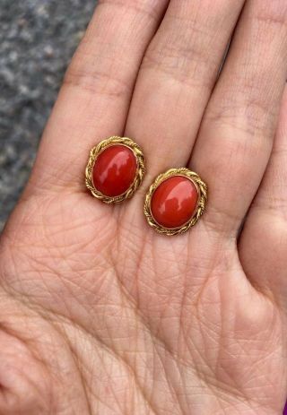 Antique Old Stock Natural Red Coral 18k Gold Earrings Other Amber Turquoise