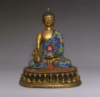 Old Rare Chinese Copper Cloisonne Statue Sakyamuni Buddha Qianlong Marked (e167)