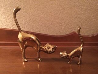 Two Vintage Brass Figurines 5 1/2 " And 3 1/2 " Brass Cat Statues Mid Century