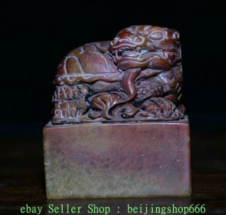 China Shoushan Stone Hand Carved Dragon Turtle Beast Emperor Seal Stamp Signet