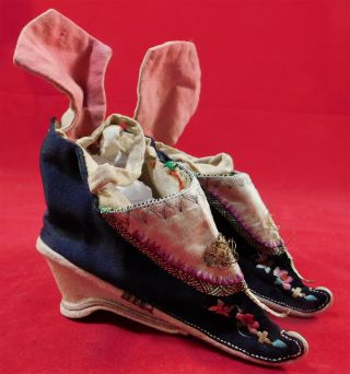 Antique Chinese Silk Embroidered Bound Foot Gilded Lilies Lotus Slipper Shoes
