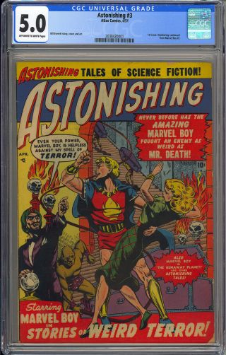 Astonishing 3 (1) First Issue Marvel Boy Pre - Code Atlas Comic 1951 Cgc 5.  0