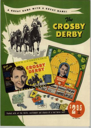 1947 Paper Ad 2 Sided The Bing Crosby Derby Board Game Horse Race