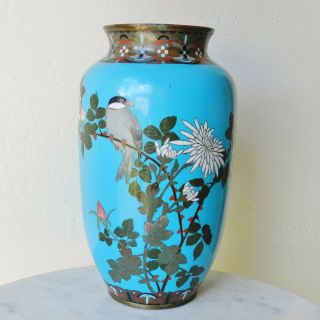 Antique Japanese Meiji - Era Cloisonne Vase Sparrow Flowers 10 " Tall