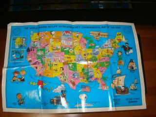 1992 Snoopy Peanuts Paper Wall Poster Met Life Rep Map Of Usa,  Folded