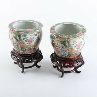 Chinese Porcelain Fish Bowl Planters With Carved Wood Stands