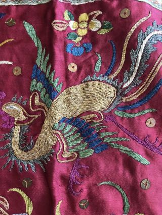 VTG Chinese Silk Embroidery Forbidden Stitch Fringed Metalwork Panel Bird Moths 2