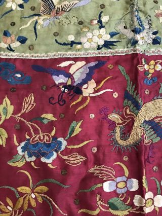 VTG Chinese Silk Embroidery Forbidden Stitch Fringed Metalwork Panel Bird Moths 7