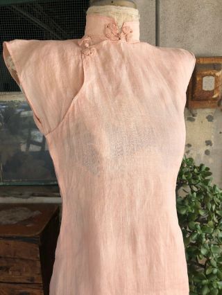Antique 1930s Chinese Cheongsam Dress Summer Pink Cotton Linen Qipao Vintage