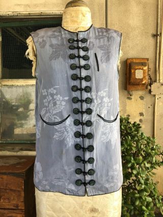 Antique 1930s Chinese Blue Silk Floral Brocade Vest Top Cheongsam Vintage