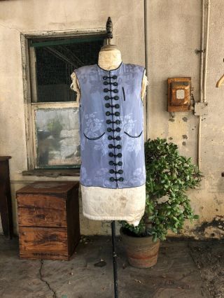 Antique 1930s Chinese Blue Silk Floral Brocade Vest Top Cheongsam Vintage 2
