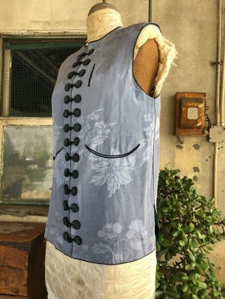 Antique 1930s Chinese Blue Silk Floral Brocade Vest Top Cheongsam Vintage 7