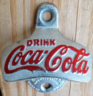 Coca - Cola Wall Mount Bottle Opener Drink Coca Cola Die Cast Chrome Plated Euc