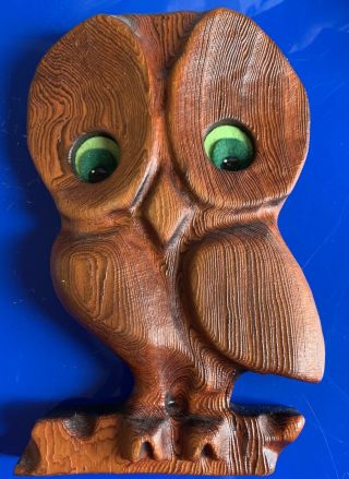 Vintage Owl Thick Wood Carved Wall Hanging Plaque With Felt Eyes Mcm 60’s