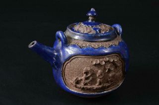T8507: Japanese Old Banko - Ware Blue Glaze Person Sculpture Teapot Kyusu Sencha