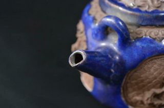 T8507: Japanese Old Banko - ware Blue glaze Person sculpture TEAPOT Kyusu Sencha 2