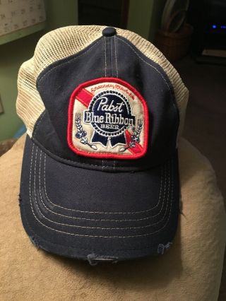 Pbr Pabst Blue Ribbon Beer Embroidered Patch Hat Cap American Mesh Distressed
