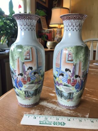 Vintage Mirrored Pair Chinese Eggshell Porcelain Vases Qianlong Marked 20th C