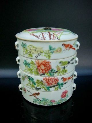 An Antique Chinese Famille Rose Stacking Dishes With Birds And Inscription