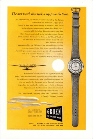1940s Vintage Ad Gruen Pan American Watch By Pan Am Clipper Pilots 042319