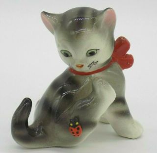 Vintage Kitten With Ladybug Figurine Gray Tabby Cat Red Bow Glossy Ceramic Japan
