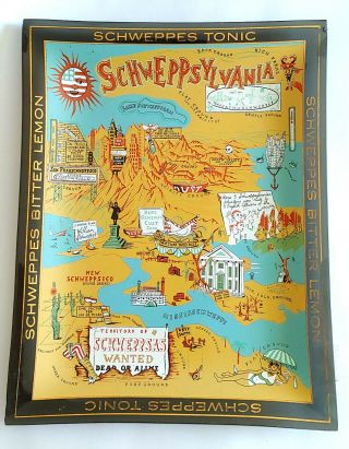 Vintage Smoky Glass Advertising Dish Schweppes Tonic Schweppesylvania Map 7 X 9