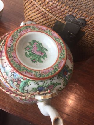 Antique Chinese Famille Rose Tea Pot And Two Bowl With Basket 6