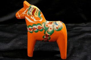 Colorful Hand Carved,  Painted Swedish Folk Art Orange Dala Horse 5 1/2 "