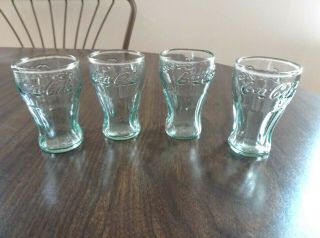 Four Vintage Small Miniature Coca Cola Glasses 3 Inch Green Glass