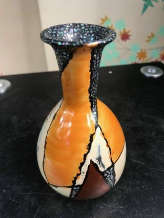 Japan Richly Lacquered Mother Pearl Finish Ceramic Vase,  and Signed 5