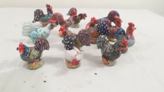 12 Hand Painted 2 1/4 " Ceramic Chicken Rooster Figurines