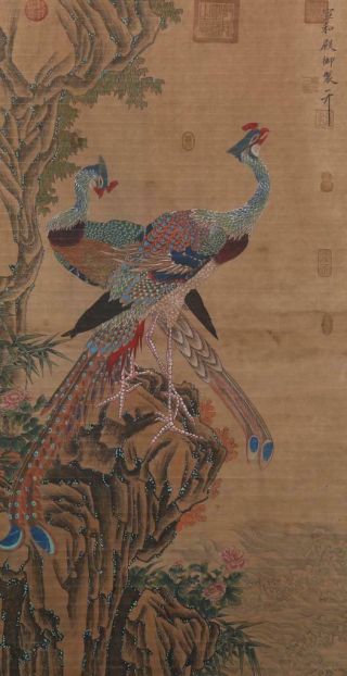 Chinese Old Zhao Ji Scroll Painting Two Phoenix 78.  35”