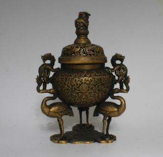 Large Very Rare Chinese Copper Incense Burner Dragon And Crane (l931)