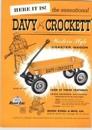 1955 Paper Ad Walt Disney Davy Crockett Radio Steel Coaster Wagon