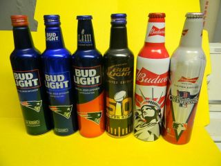 One Budweiser Bud Beer Can Alum.  Bottles Red Sox Baseball England Patriots