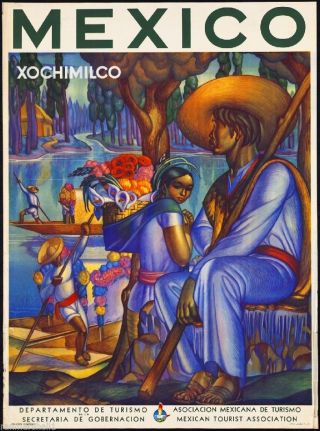 Mexico Xochimilco Mexican Spanish Vintage Travel Advertisement Art Poster