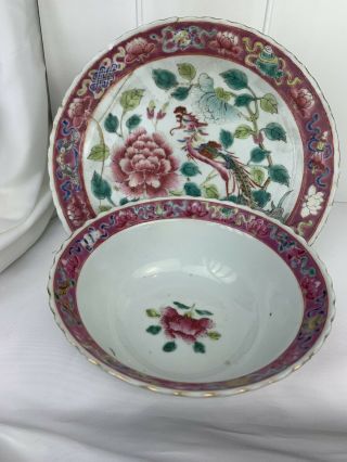 Chinese Famille Rose Porcelain Nyonya Straits Phoenix Plate and bowl 19th C 2