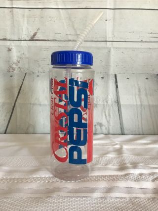 Vintage Crystal Pepsi Advertising Clear Reusable Drink Bottle W/ Straw Rare