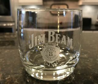 Jim Beam Round Etched Bourbon Whiskey Rocks Low Ball Glass