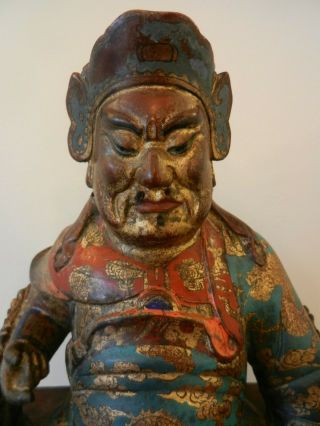Large Antique Chinese Gilt Polychrome Carved Wooden Seated Deity Figure. 2