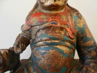Large Antique Chinese Gilt Polychrome Carved Wooden Seated Deity Figure. 6