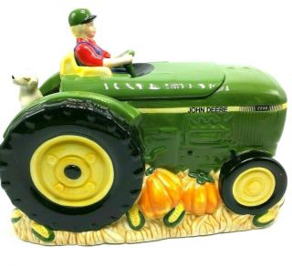 John Deere Green Farm Tractor Cookie Jar With Yellow Lab By Gibson Ceramic