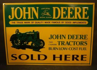 Vintage John Deere Embossed Metal Sign Two Cylinder Tractors Burn Low - Cost Fuel